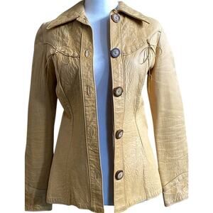 Vtg Santa Fe Leather floral embossed Shirt jacket womens S tan western boho USA